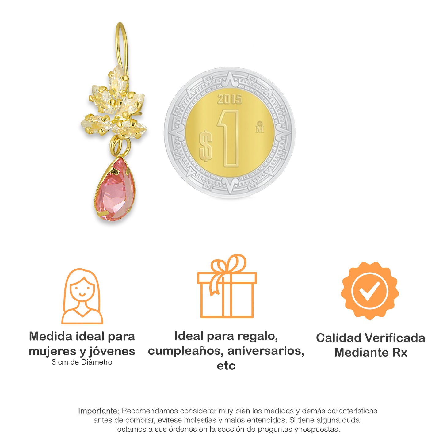 MR10AR028 Arete Arillo Oro Sólido 10K Modelo Racimo Semillas con Zirconia Rosa Colgante Gota 3 cm Diámetro