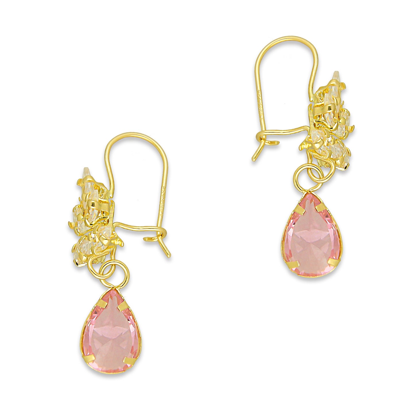 MR10AR028 Arete Arillo Oro Sólido 10K Modelo Racimo Semillas con Zirconia Rosa Colgante Gota 3 cm Diámetro