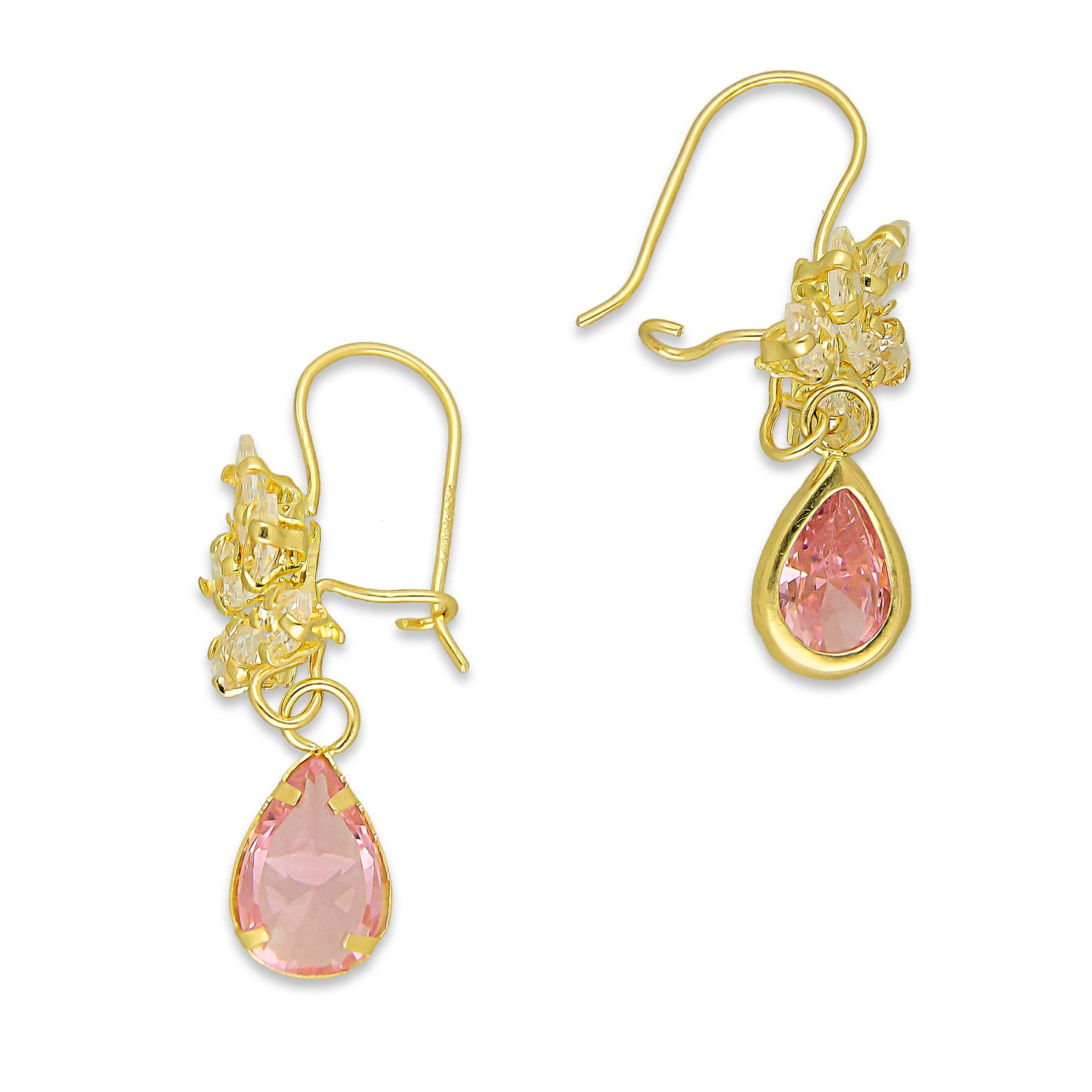 MR10AR028 Arete Arillo Oro Sólido 10K Modelo Racimo Semillas con Zirconia Rosa Colgante Gota 3 cm Diámetro
