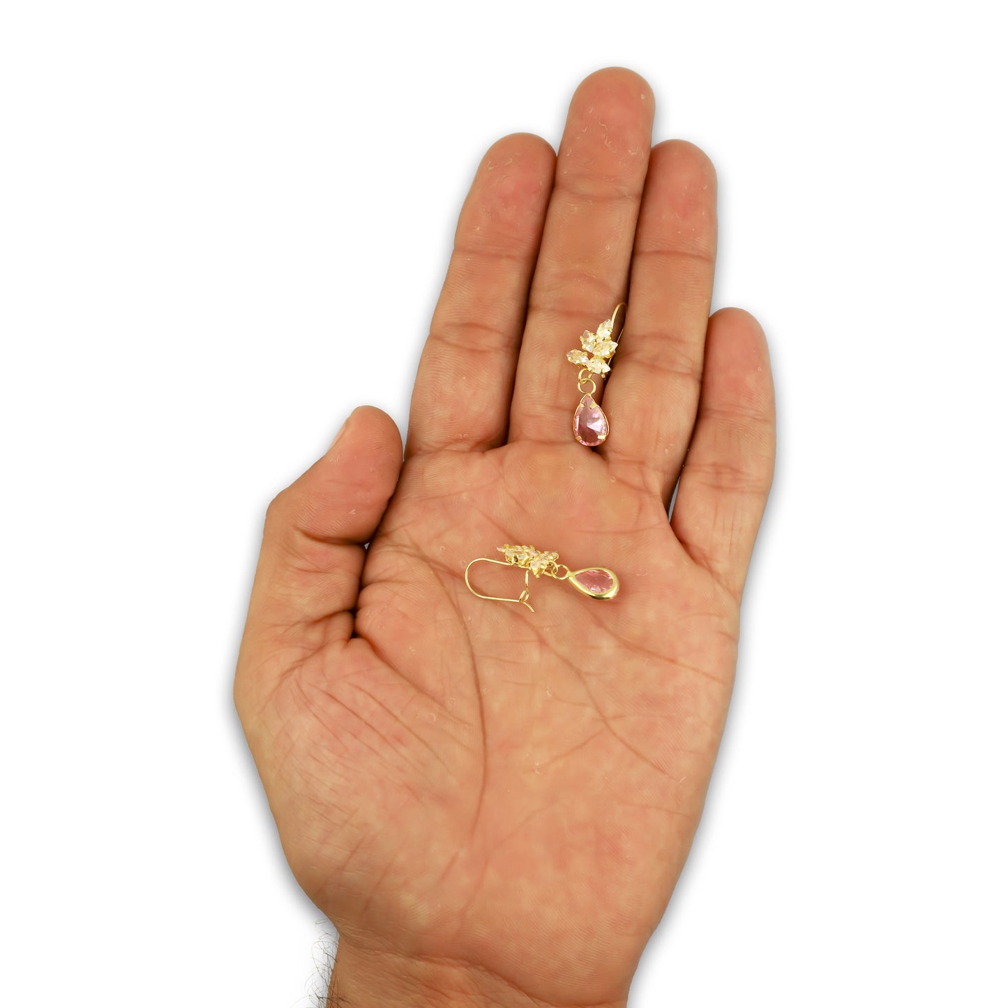MR10AR028 Arete Arillo Oro Sólido 10K Modelo Racimo Semillas con Zirconia Rosa Colgante Gota 3 cm Diámetro