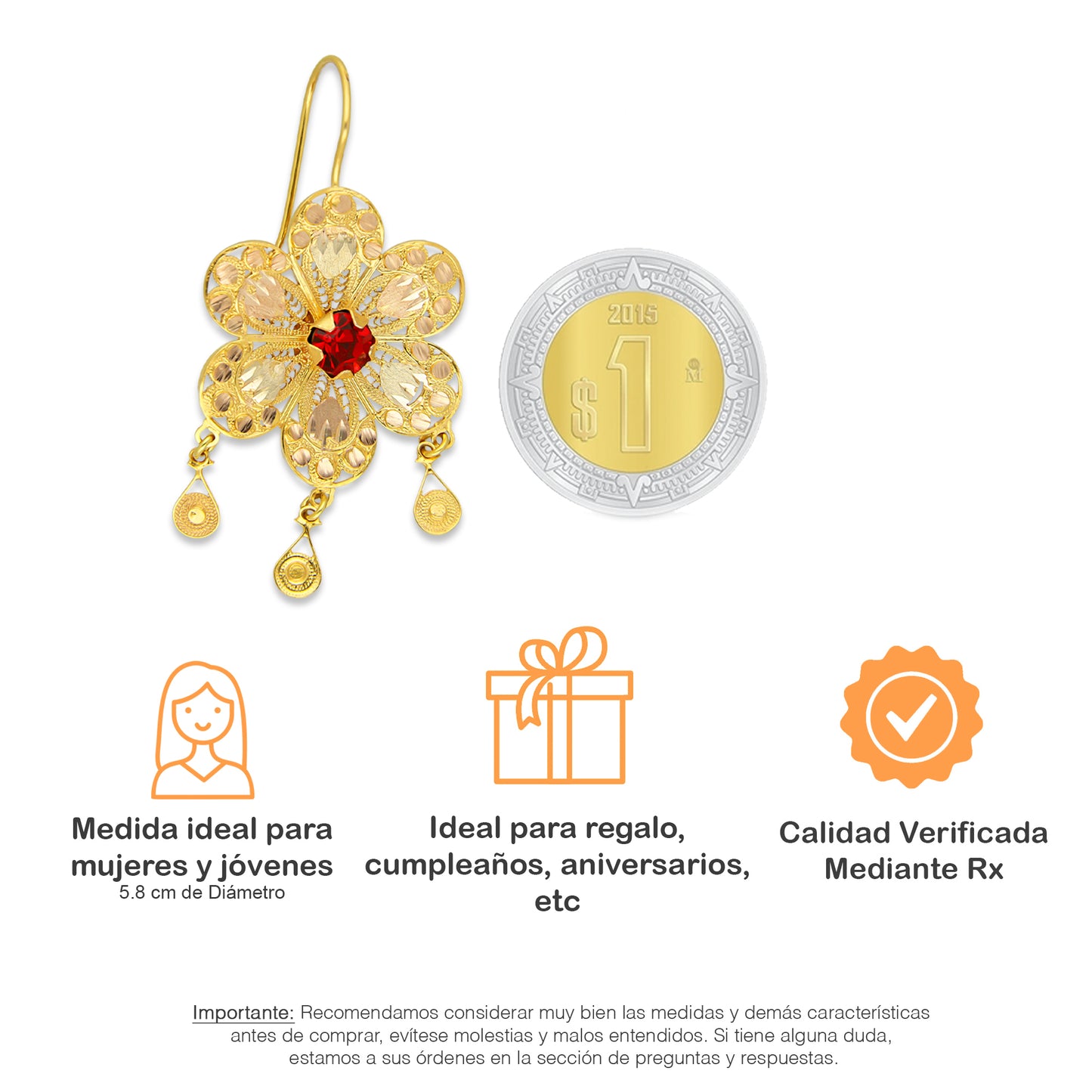 MR10AR042 Arete Arracada Oro Sólido 10K Modelo Estrella 6 Petalos 3 Círculos Colgantes Diámetro 5.8 cm