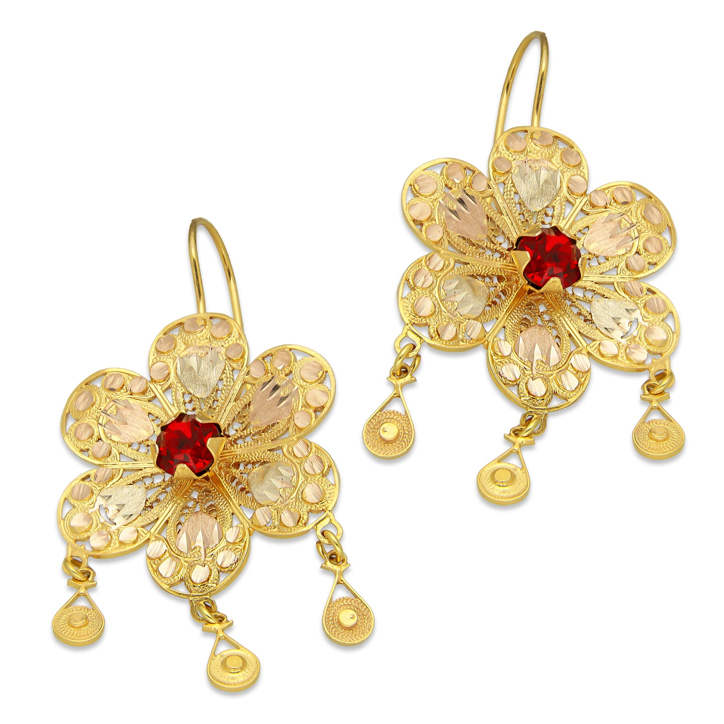 MR10AR042 Arete Arracada Oro Sólido 10K Modelo Estrella 6 Petalos 3 Círculos Colgantes Diámetro 5.8 cm