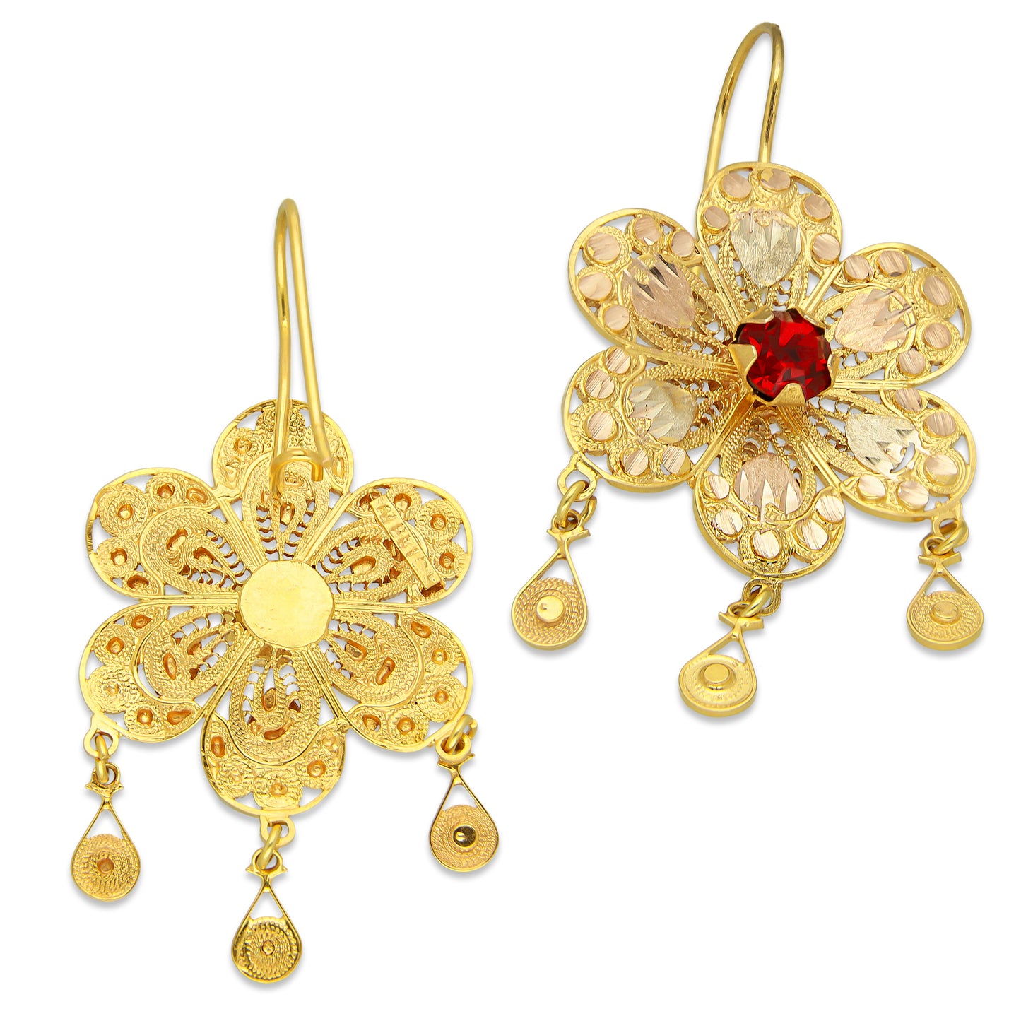 MR10AR042 Arete Arracada Oro Sólido 10K Modelo Estrella 6 Petalos 3 Círculos Colgantes Diámetro 5.8 cm