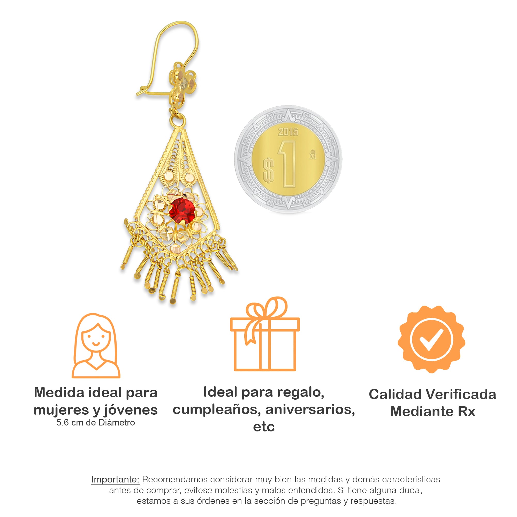 MR10AR046 Arete Arracada Oro Sólido 10K Modelo Romboide con Piedra Roja Diámetro 5.6 cm