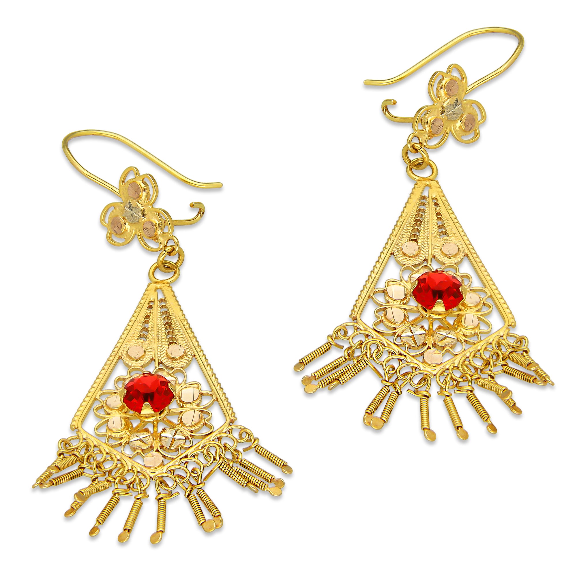 MR10AR046 Arete Arracada Oro Sólido 10K Modelo Romboide con Piedra Roja Diámetro 5.6 cm