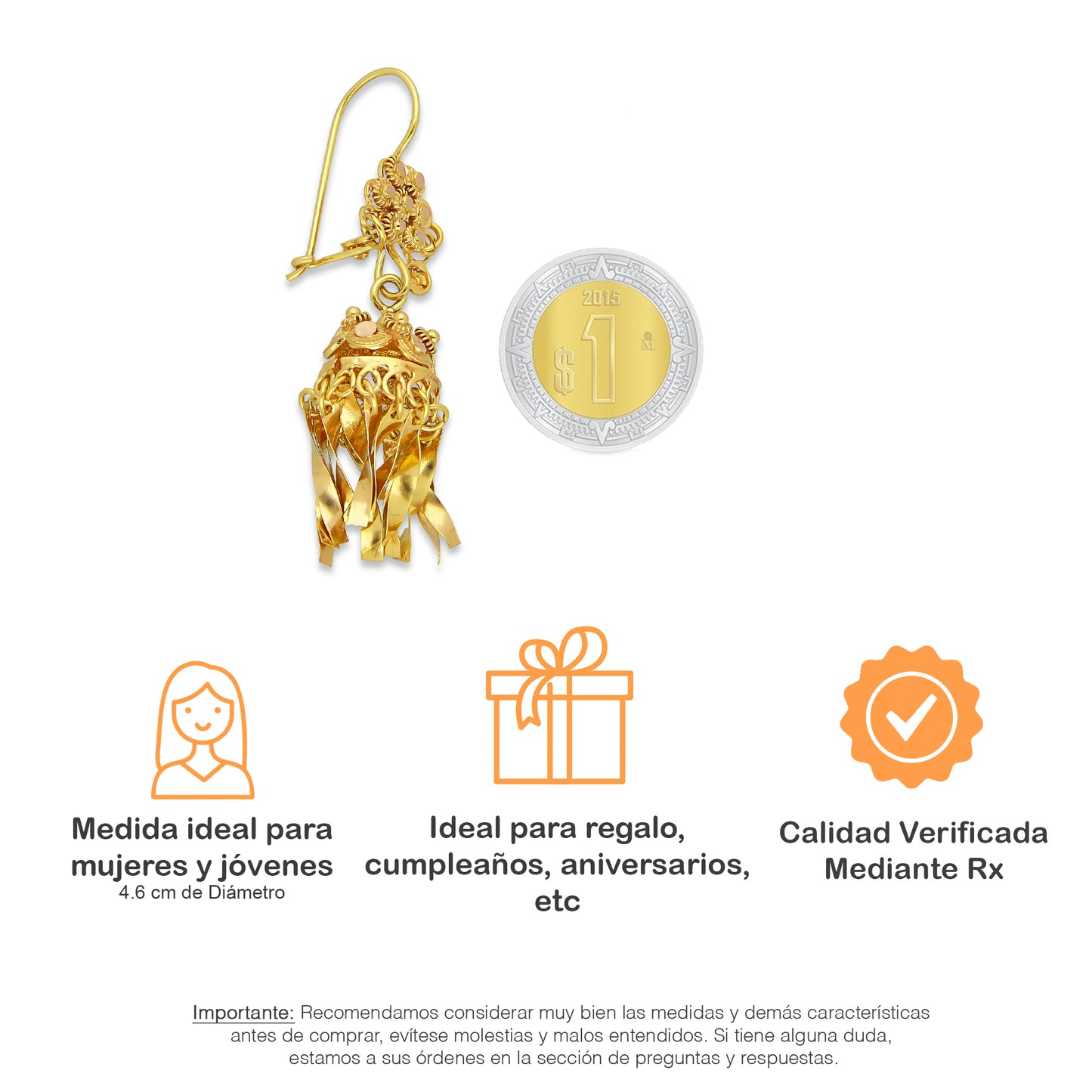 MR10AR047 Arete Arracada Oro Sólido 10K Modelo Flor Campanita Colgante Diámetro 4.6 cm