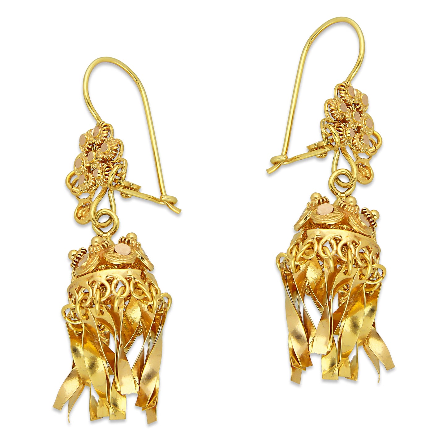 MR10AR047 Arete Arracada Oro Sólido 10K Modelo Flor Campanita Colgante Diámetro 4.6 cm