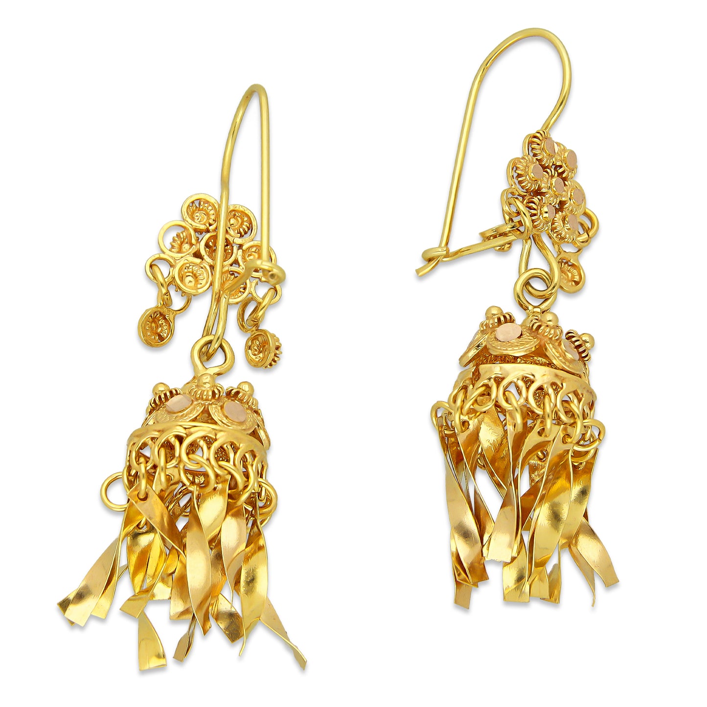 MR10AR047 Arete Arracada Oro Sólido 10K Modelo Flor Campanita Colgante Diámetro 4.6 cm