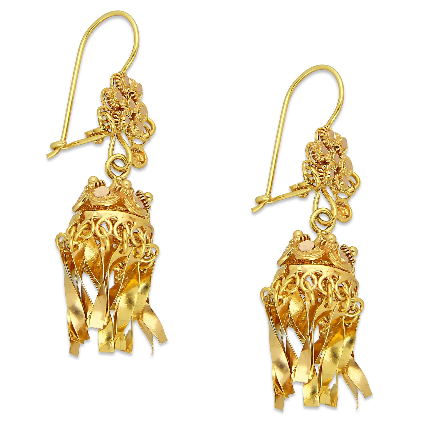 MR10AR047 Arete Arracada Oro Sólido 10K Modelo Flor Campanita Colgante Diámetro 4.6 cm