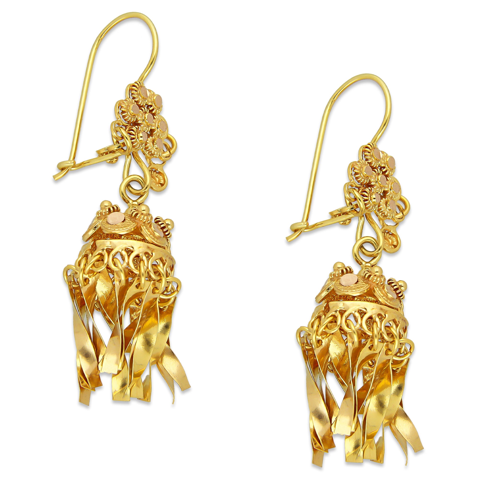 MR10AR047 Arete Arracada Oro Sólido 10K Modelo Flor Campanita Colgante Diámetro 4.6 cm
