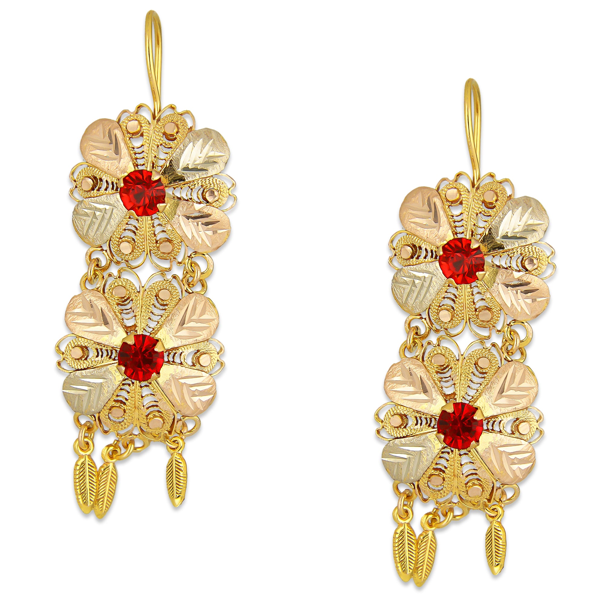 MR10AR048 Arete Arracada Oro Sólido 10K Modelo 2 Flores con 3 Hojas Colgantes y Piedras Rojas Diámetro 4.8 cm