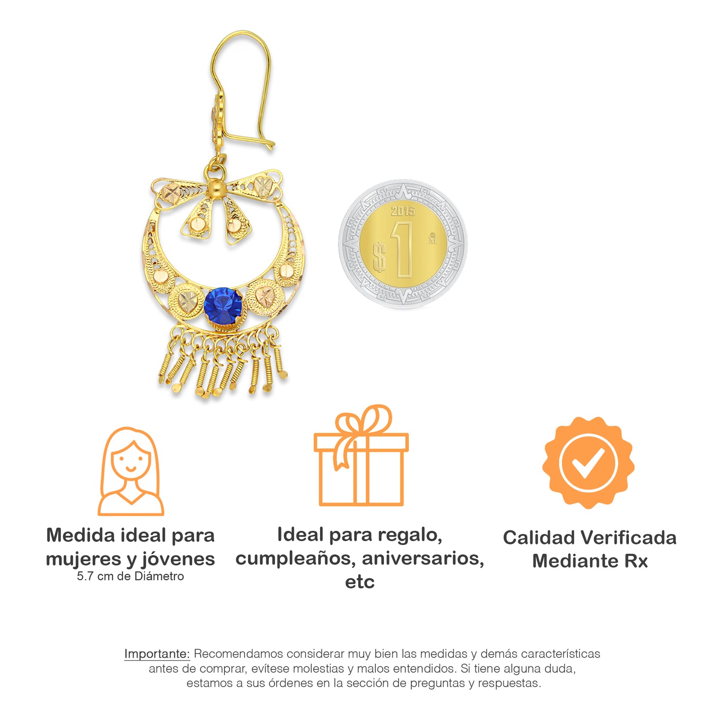 MR10AR050 Arete Arracada Oro Sólido 10K Modelo Canasta con Moño Piedra Azul Diámetro 5.7 cm