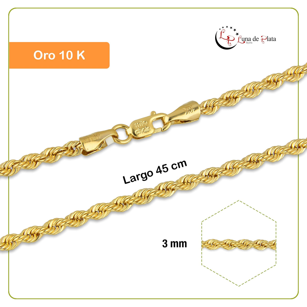 MR10CU004-45 Cadena Oro Sólido 10K EMF10 Modelo Torsal Lisa 3 mm x 45 cm