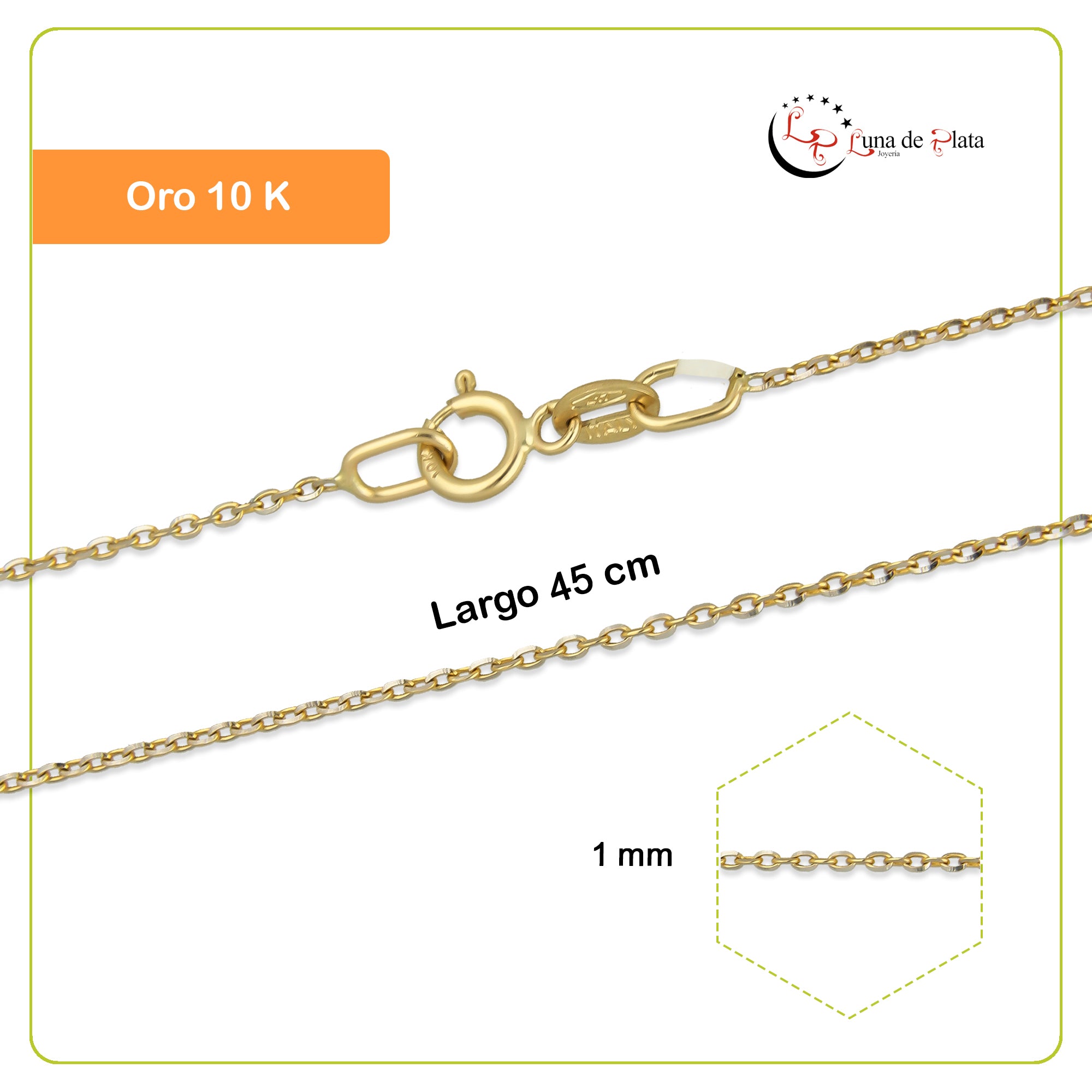 MR10CU010-45 Cadena Oro Sólido 10K EMC10 Modelo Rolo Ovalada 1 mm x 45 cm