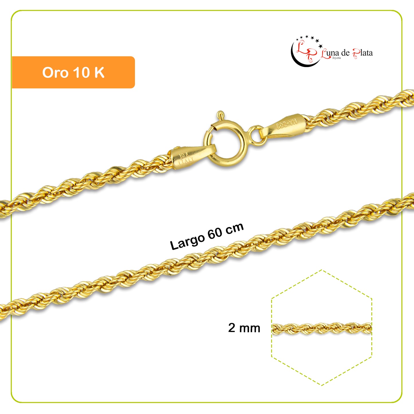 MR10CU015-60 Cadena Oro Sólido 10K H10 Modelo Torsal Lisa 2 mm x 60 cm