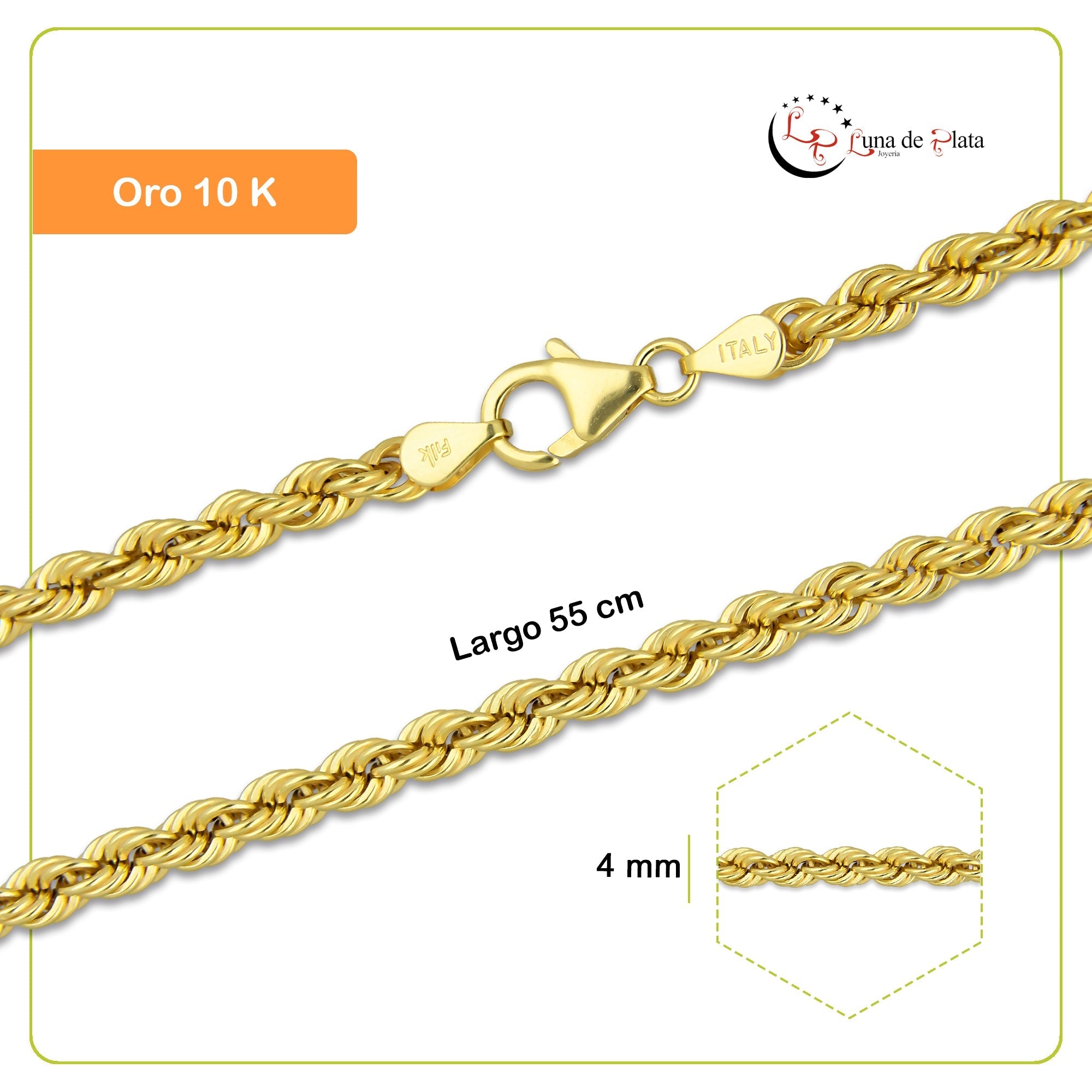 MR10CU016-55 Cadena Oro Sólido 10K H10 Modelo Torsal Lisa 4 mm x 55 cm
