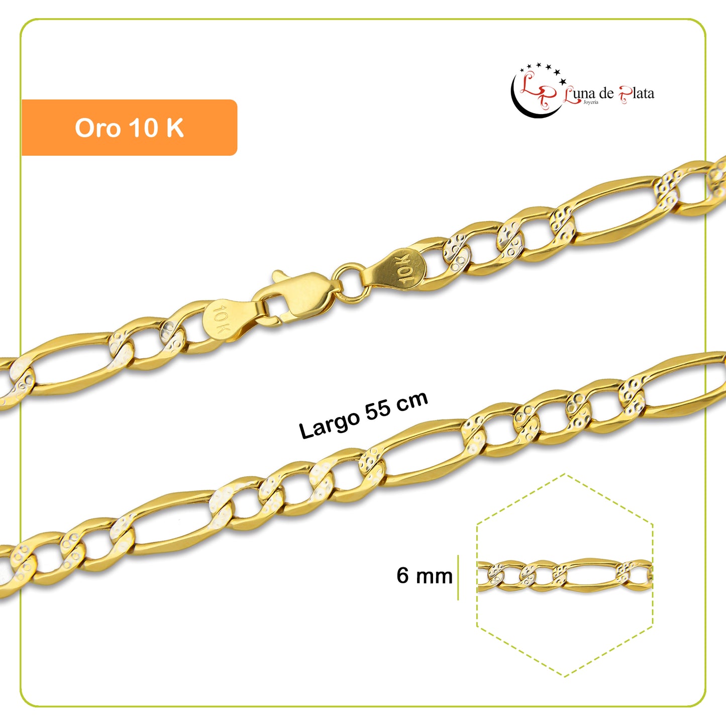 MR10CU018-55 Cadena Oro Sólido 10K H10 Modelo Figaro 3*1 Diamantada 6 mm x 55