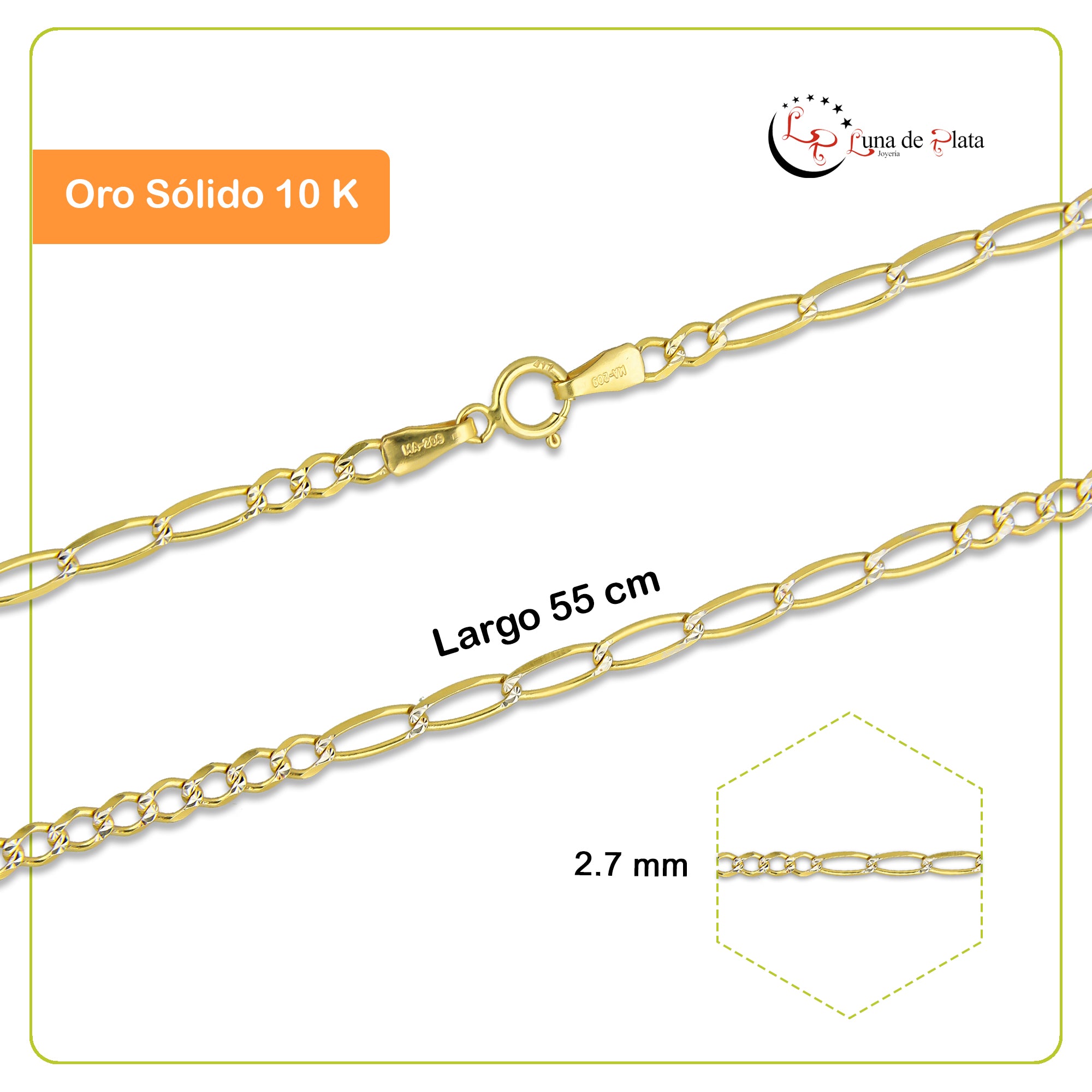 MR10CU032-55 Cadena Oro Sólido 10K Fígaro 10*7 Diamantada 2.7 mm x 55 cm