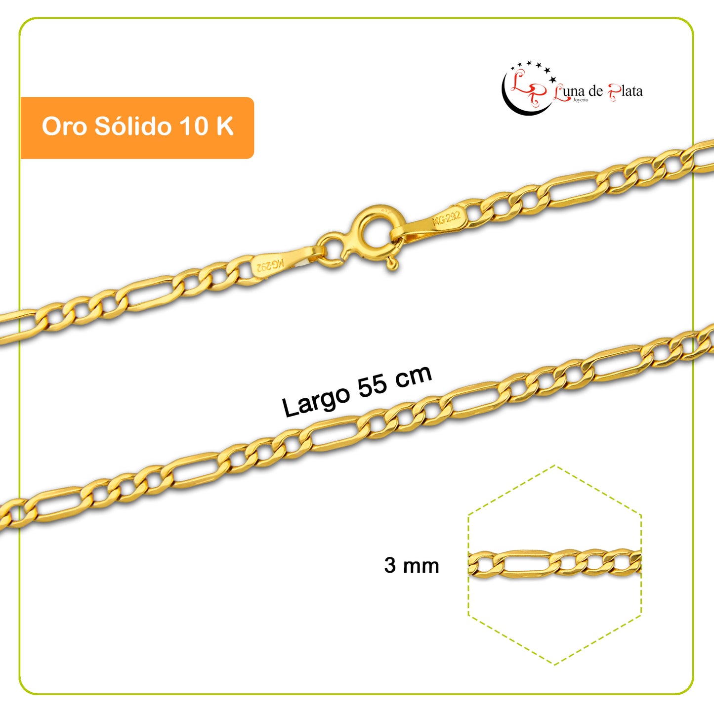 MR10CU055-55 Cadena Oro Sólido 10K EMF10 Modelo Figaro 3*1 3 mm x 55 cm