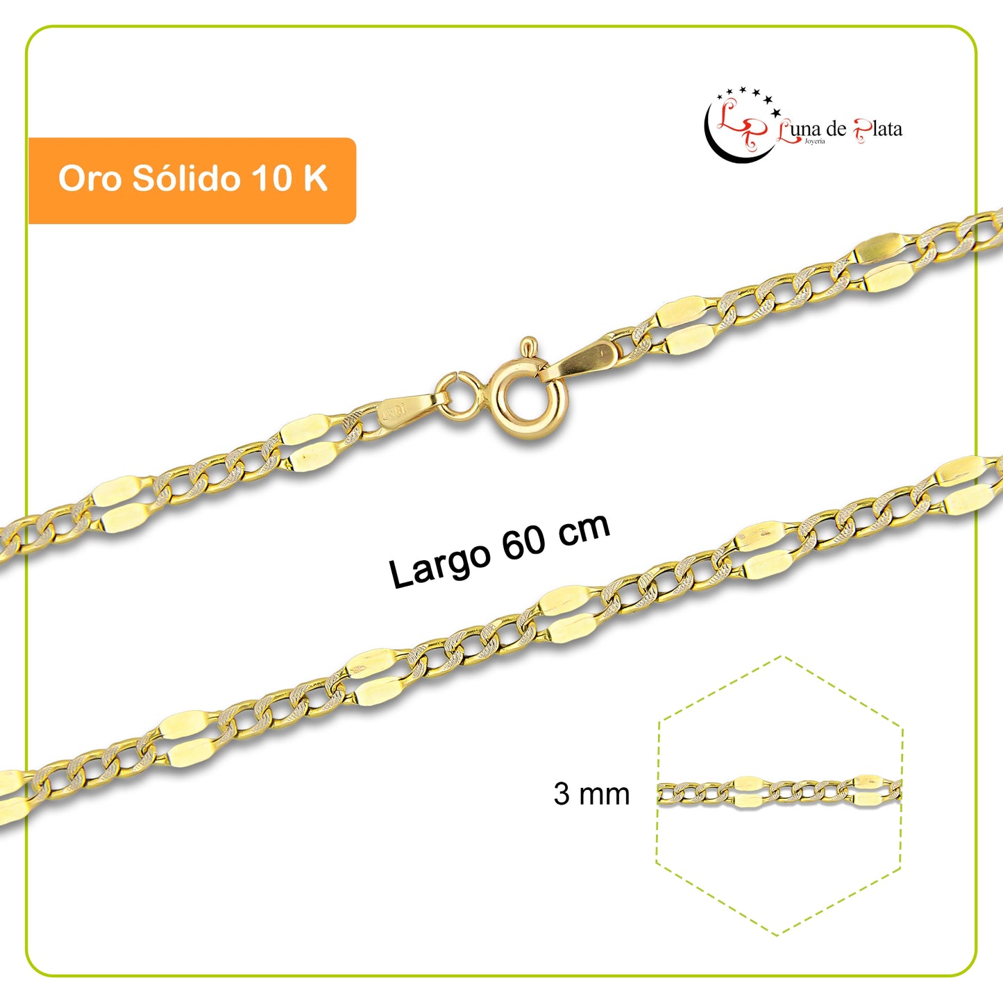 MR10CU056-60 Cadena Oro Sólido 10K Modelo Ancla Lisa Forjada 3*1 3 mm x 60 cm