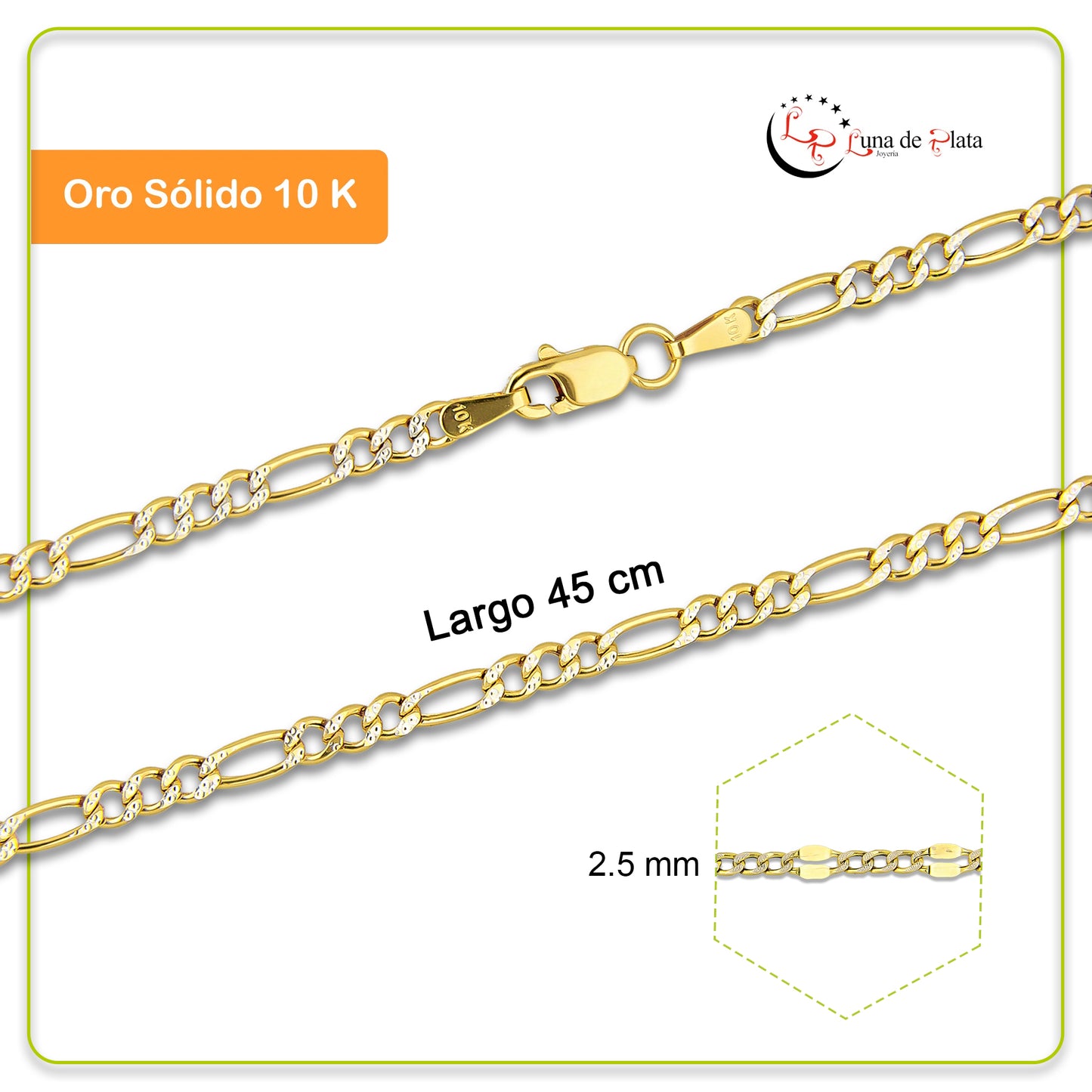 MR10CU057-45 Cadena Oro Sólido 10K Modelo Fígaro 3*1 Diamantada 2.5 mm x 45 cm