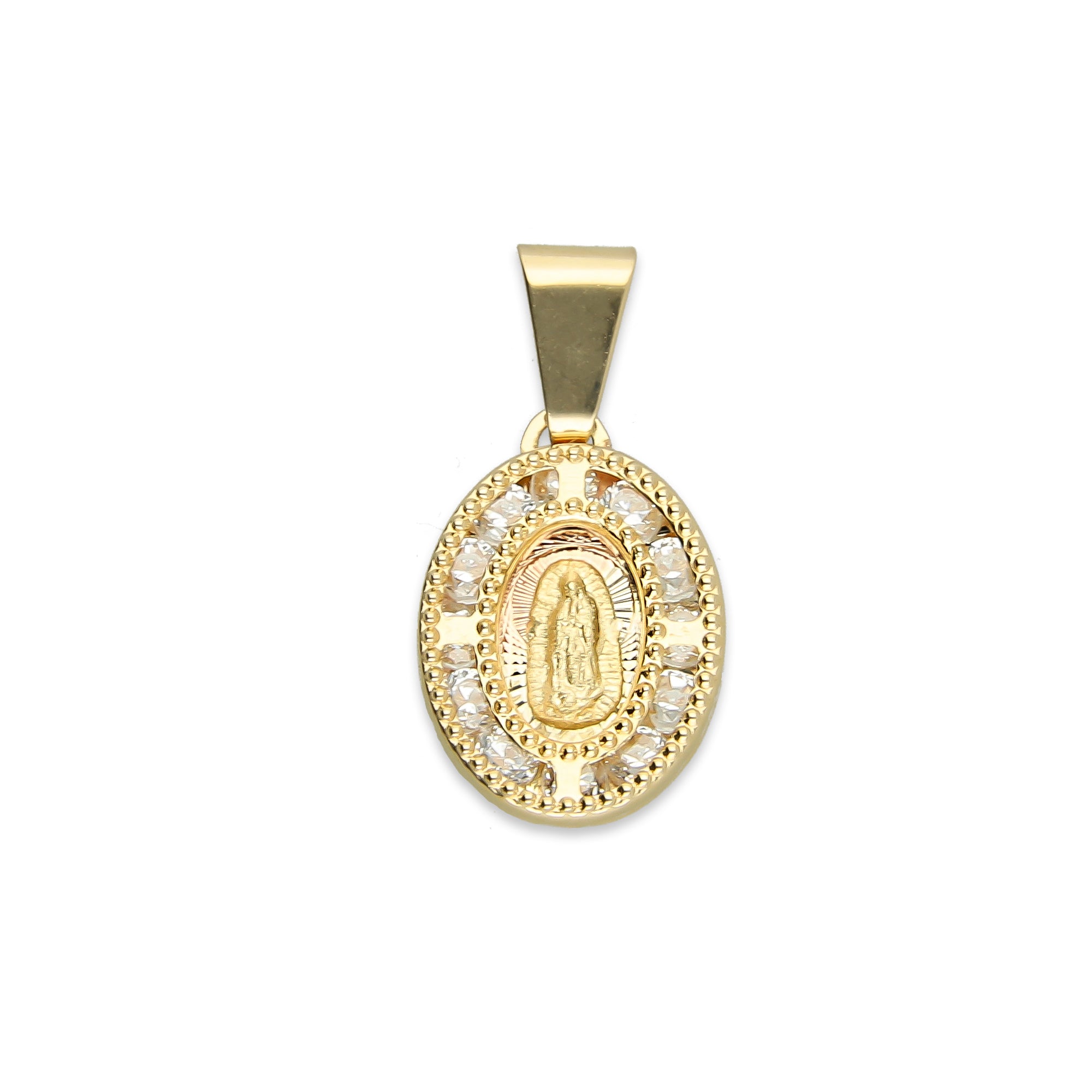 MR14DJ001 Dije Medalla Oval Oro Sólido 14K Virgen Zirc Perl 0.9 x 1.7 cm