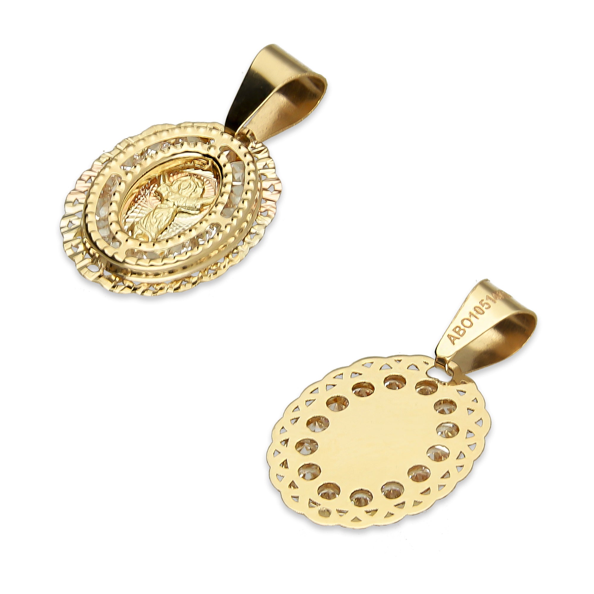 MR14DJ003 Dije Medalla Oval Oro Sólido 14K Divino Niño Zirc Perl Olan 1.1 x 1.9 cm