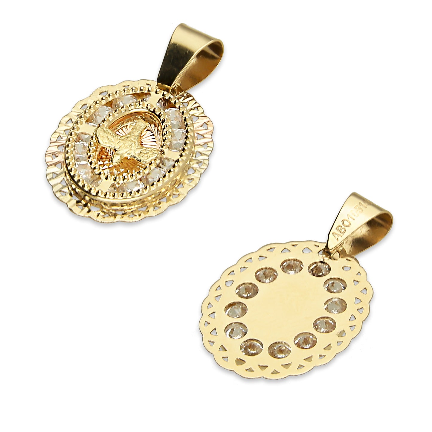 MR14DJ004 Dije Medalla Oval Oro Sólido 14K Espíritu Santo Zirc Perl Olan 1.2 x 1.9 cm