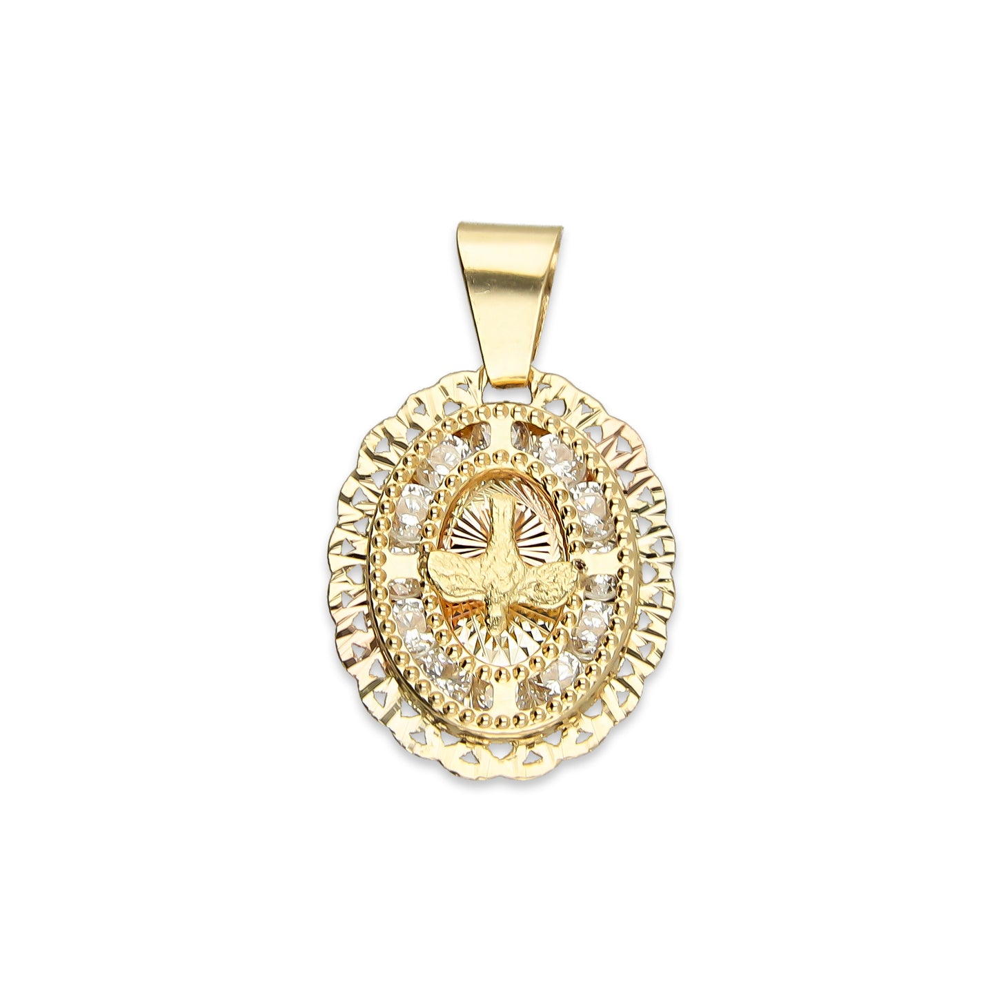 MR14DJ004 Dije Medalla Oval Oro Sólido 14K Espíritu Santo Zirc Perl Olan 1.2 x 1.9 cm