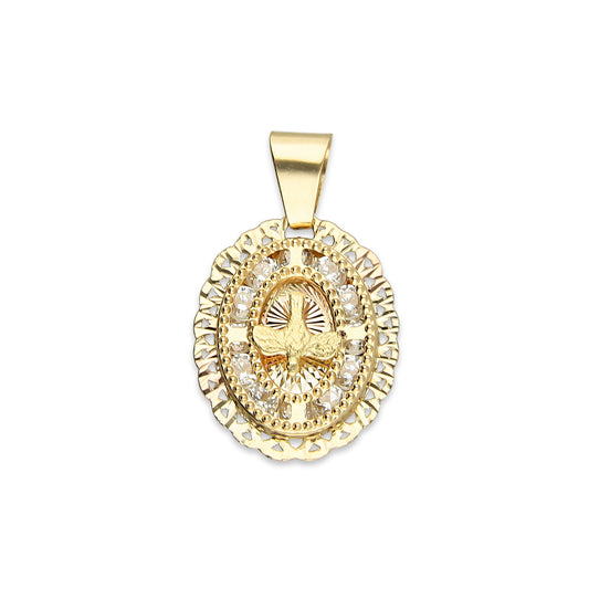 MR14DJ004 Dije Medalla Oval Oro Sólido 14K Espíritu Santo Zirc Perl Olan 1.2 x 1.9 cm