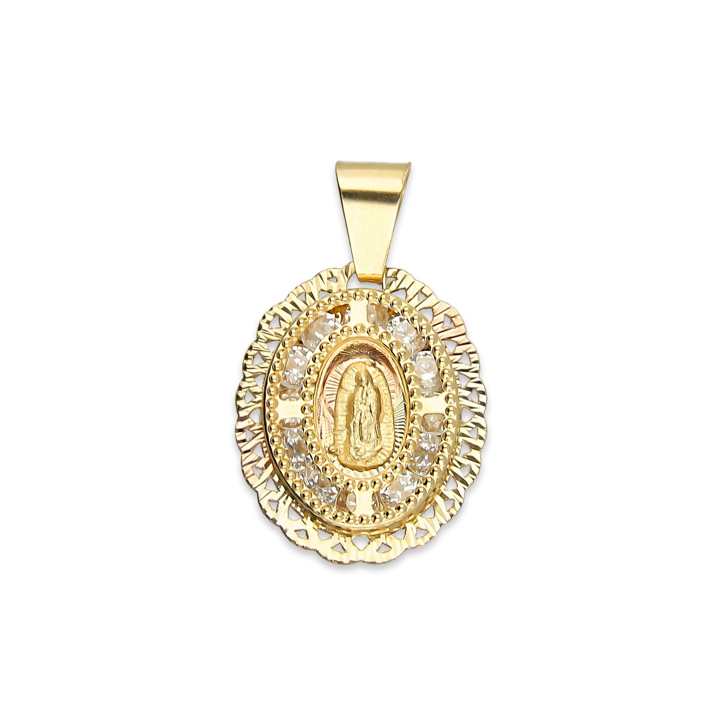 MR14DJ005 Dije Medalla Oval Oro Sólido 14K Virgen Zirc Perl Olan 1.2 x 1.9 cm