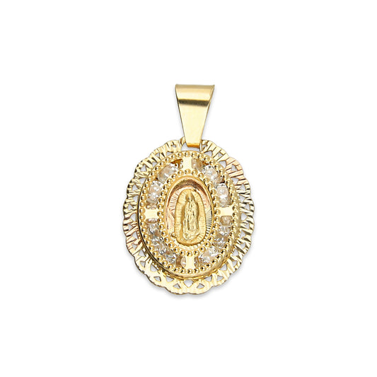 MR14DJ005 Dije Medalla Oval Oro Sólido 14K Virgen Zirc Perl Olan 1.2 x 1.9 cm