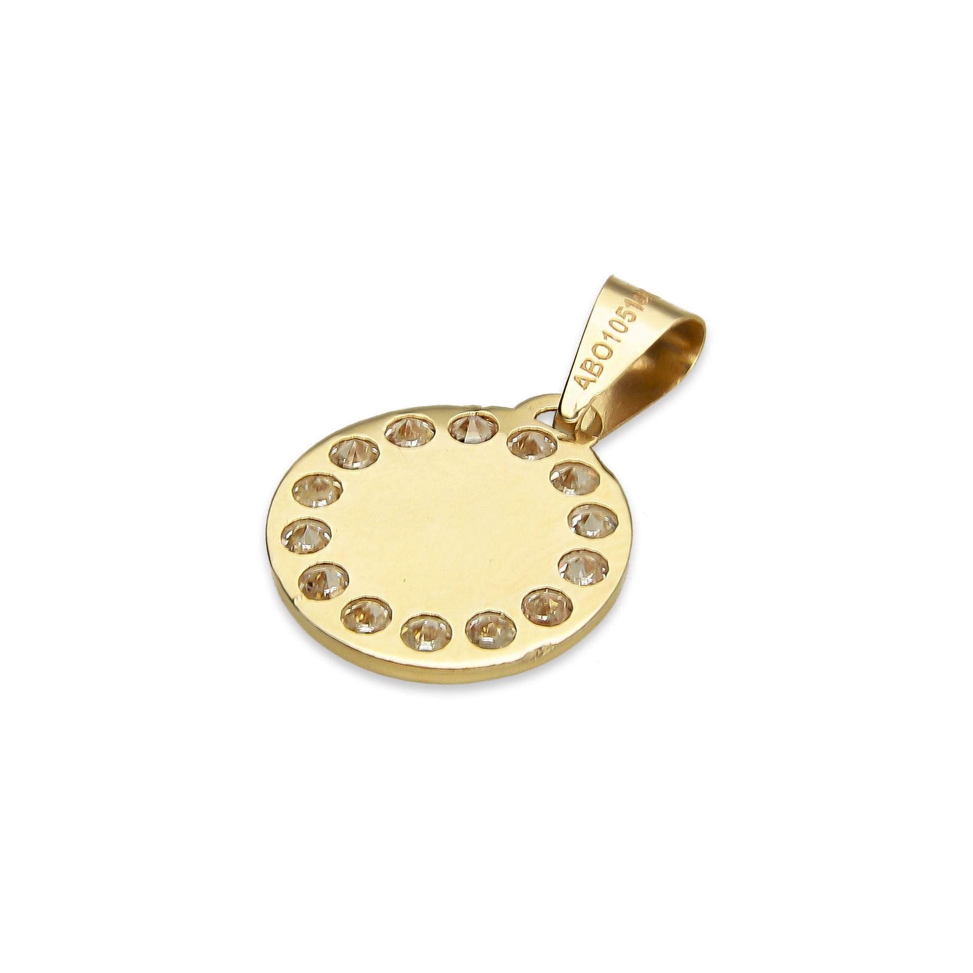 MR14DJ006 Dije Medalla Redonda Oro Sólido 14K Espíritu Santo Zirc Perl 1.1 x 1.7 cm