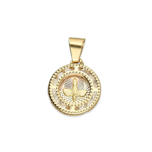 MR14DJ006 Dije Medalla Redonda Oro Sólido 14K Espíritu Santo Zirc Perl 1.1 x 1.7 cm