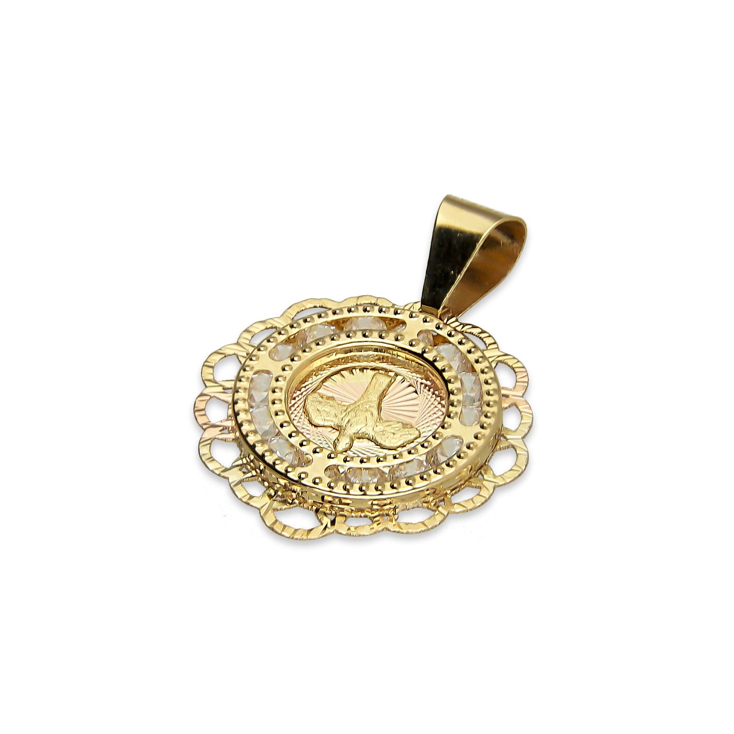 MR14DJ012 Dije Medalla Redonda Oro Sólido 14K Espíritu Santo Zirc Perl Olan 1.5 x 1.9 cm