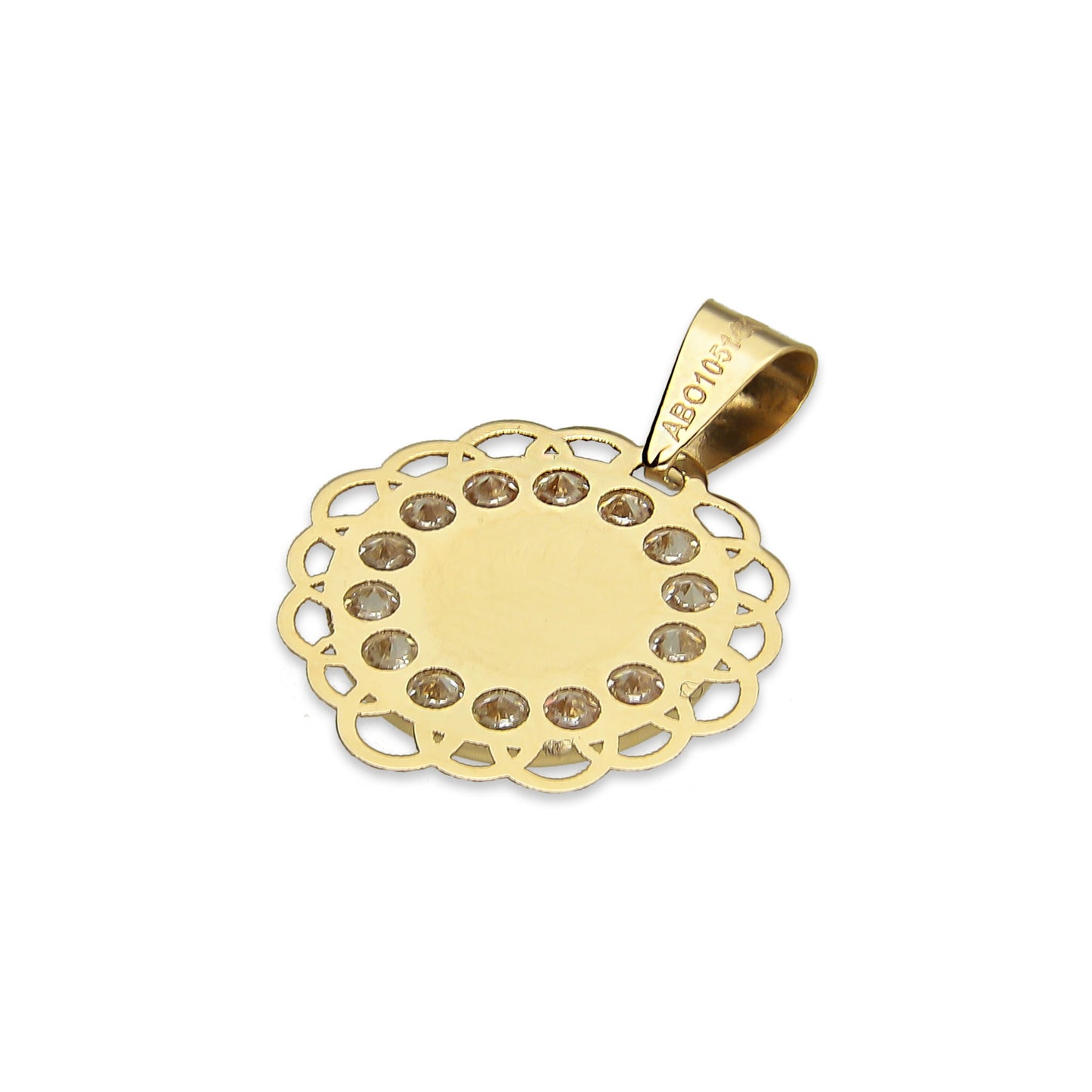MR14DJ012 Dije Medalla Redonda Oro Sólido 14K Espíritu Santo Zirc Perl Olan 1.5 x 1.9 cm