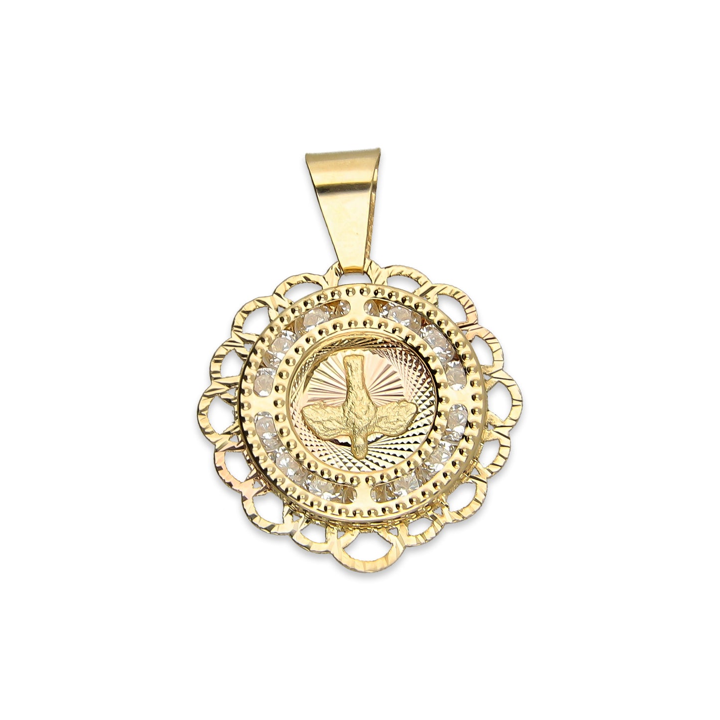 MR14DJ012 Dije Medalla Redonda Oro Sólido 14K Espíritu Santo Zirc Perl Olan 1.5 x 1.9 cm