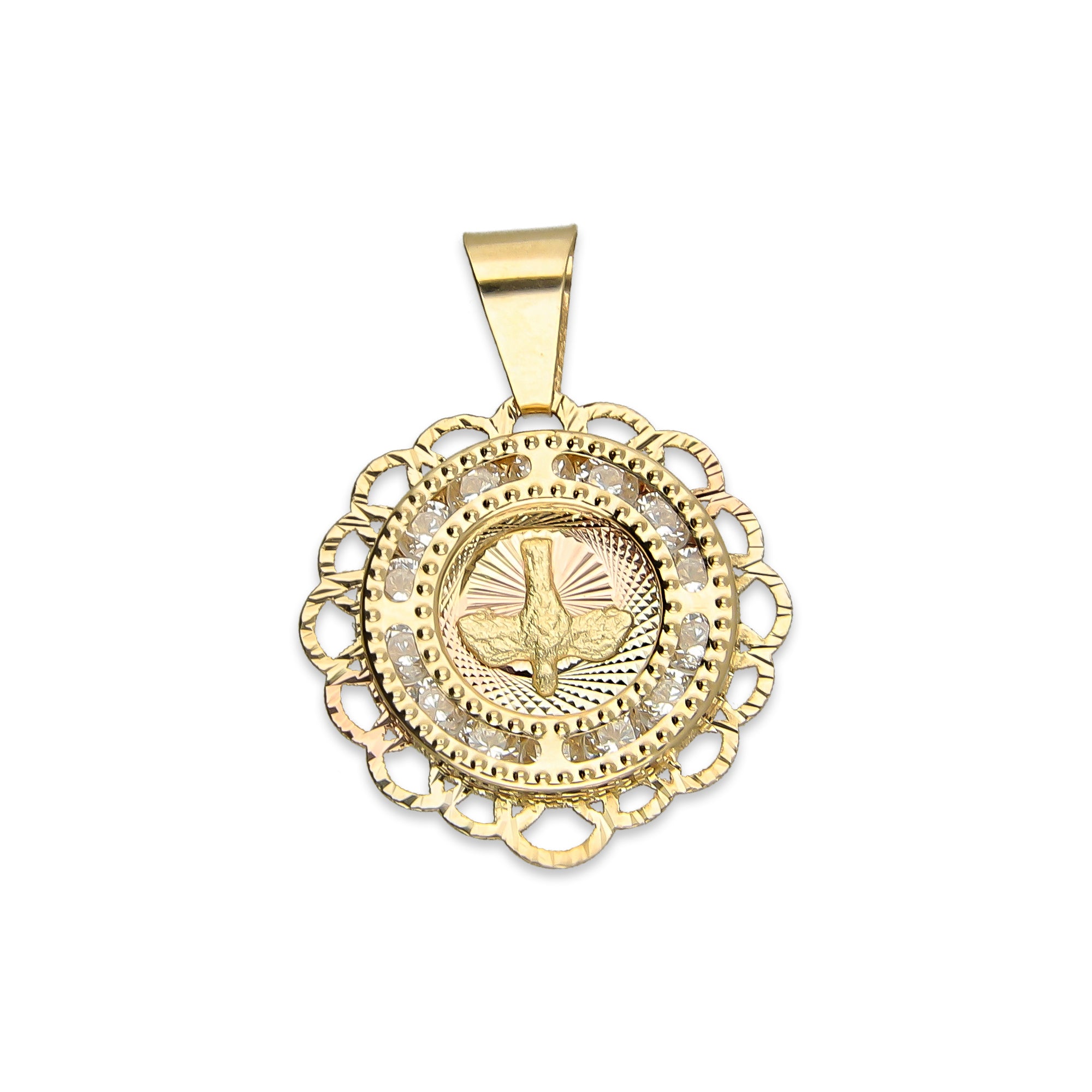 MR14DJ012 Dije Medalla Redonda Oro Sólido 14K Espíritu Santo Zirc Perl Olan 1.5 x 1.9 cm