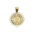 MR14DJ013 Dije Medalla Redonda Oro Sólido 14K Virgen Zirc Perl Olan 1.5 x 1.9 cm