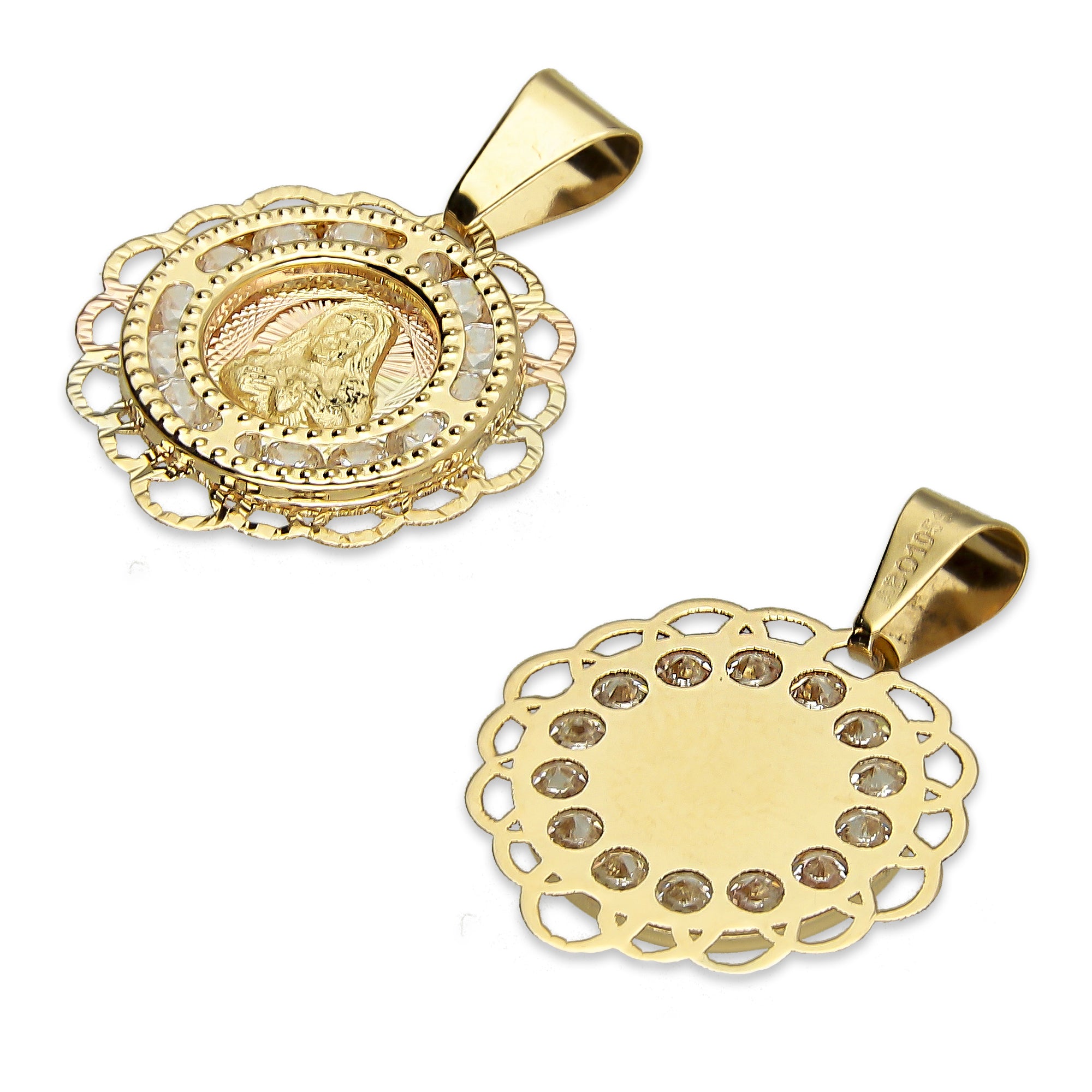MR14DJ014 Dije Medalla Redonda Oro Sólido 14K Sagrado Corazón Zirc Perl Olan 1.5 x 1.9 cm