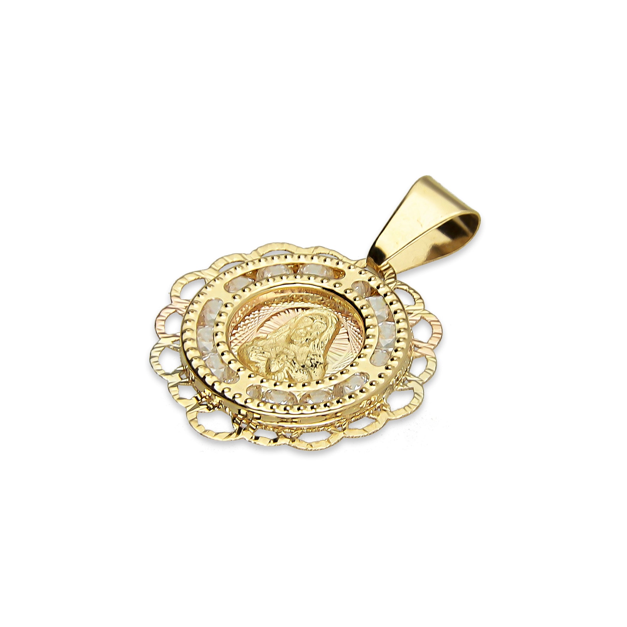 MR14DJ014 Dije Medalla Redonda Oro Sólido 14K Sagrado Corazón Zirc Perl Olan 1.5 x 1.9 cm