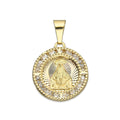 MR14DJ017 Dije Medalla Redonda Oro Sólido 14K Virgen Juquila Zirc Perl 1.5 x 2.3 cm