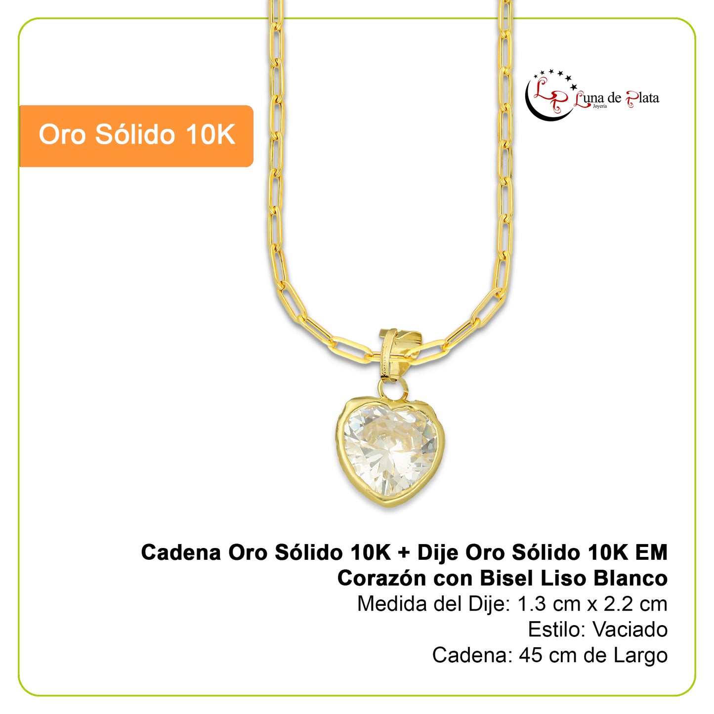 MR10DP103 Cadena Oro Sólido 10K + Dije Oro Sólido 10K EM Corazón con Bisel Liso Blanco 1.3 cm x 2.2 cm