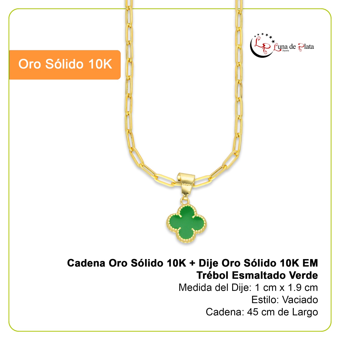 MR10DP105 Cadena Oro Sólido 10K + Dije Oro Sólido 10K EM Trébol Esmaltado Verde 1 cm x 1.9 cm