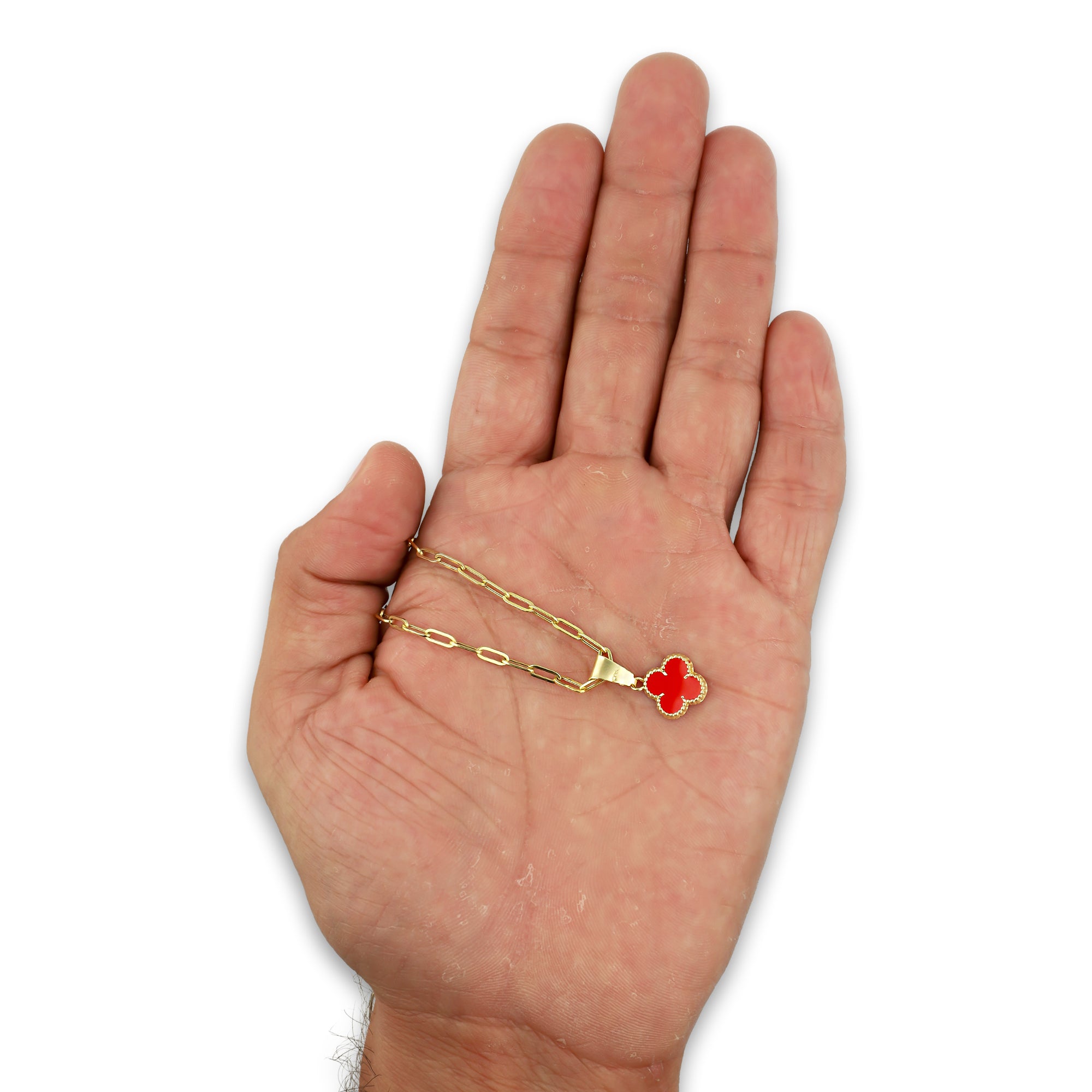 MR10DP106 Cadena Oro Sólido 10K + Dije Oro Sólido 10K EM Trébol Esmaltado Rojo 1 cm x 1.9 cm