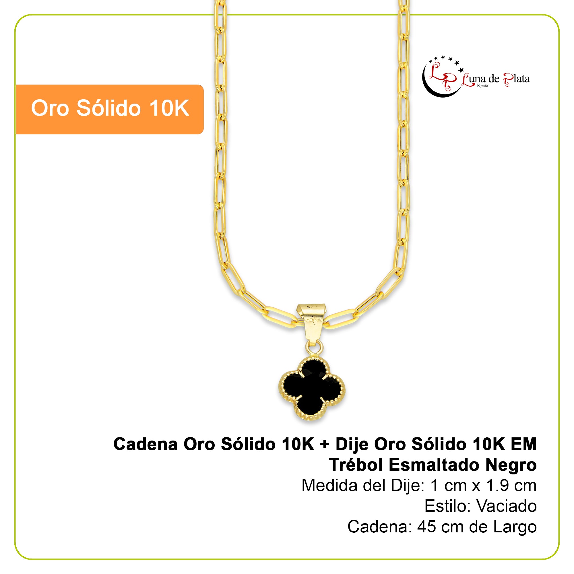 MR10DP108 Cadena Oro Sólido 10K + Dije Oro Sólido 10K EM Trébol Esmaltado Negro 1 cm x 1.9 cm