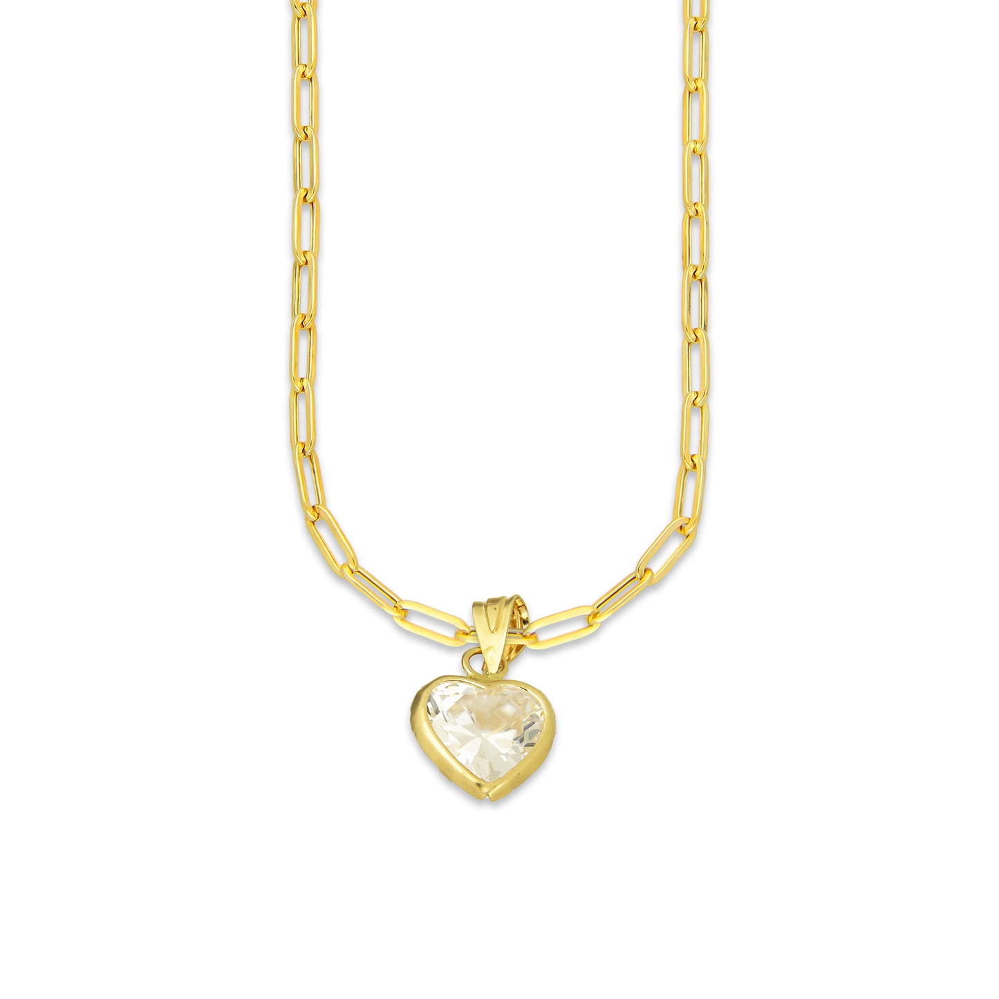 MR10DP109 Cadena Oro Sólido 10K + Dije Oro Sólido 10K EM Corazón con Bisel Liso Blanco 9 mm x 1.6 cm
