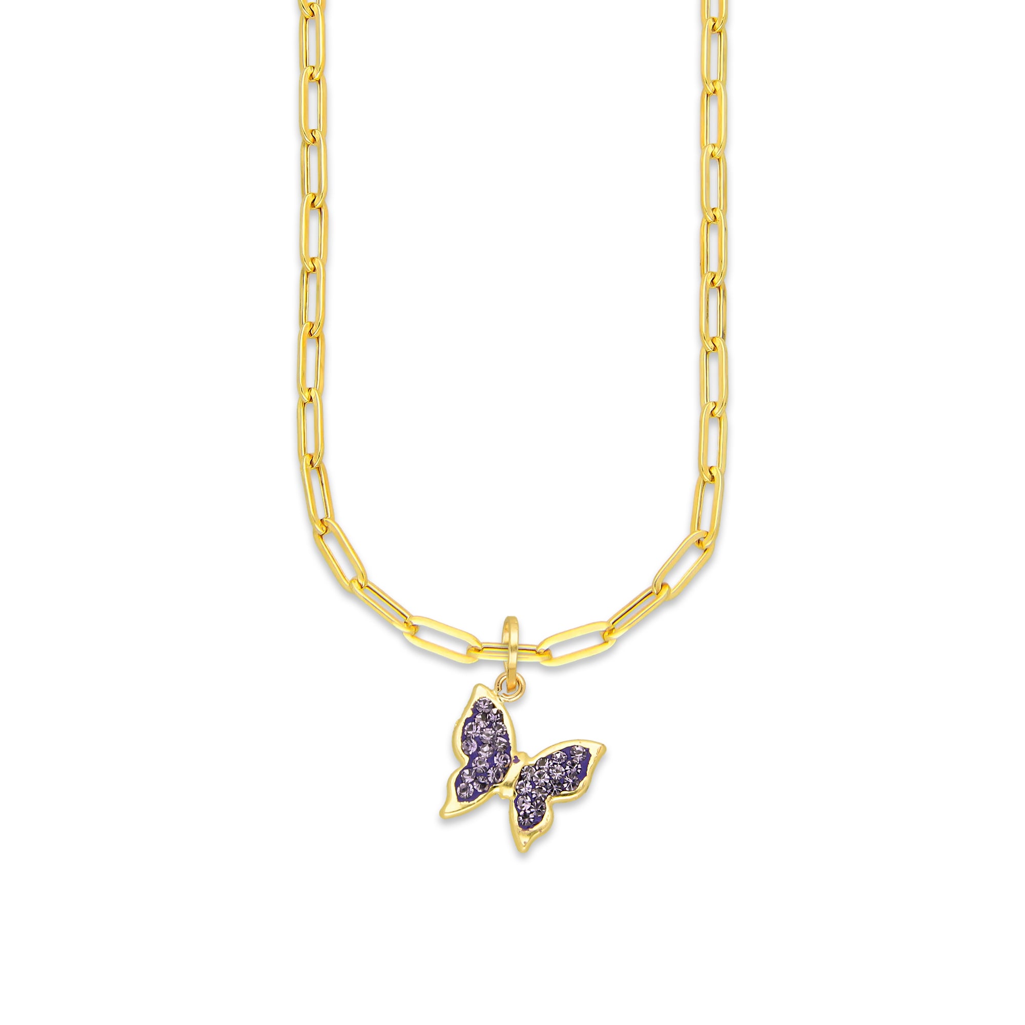 MR10DP112 Cadena Oro Sólido 10K + Dije Oro Sólido 10K EM Mariposa Cristalitos Morado 1 cm x 1.6 cm