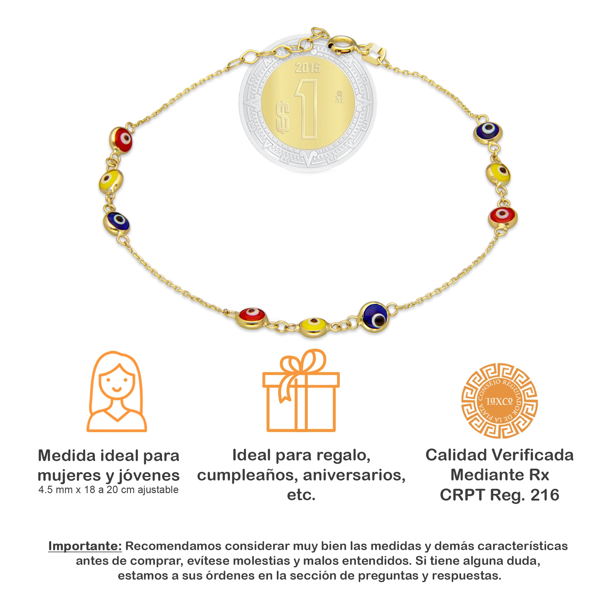 MR10PD032 Pulsera Dama Oro Sólido 10K EMF10 Modelo Ojitos Turcos Multicolor Triada 4.5 mm Ajustable 18 a 20 cm