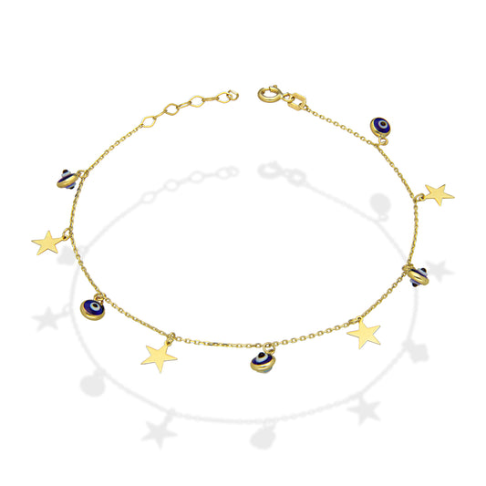 MR10PD033 Pulsera Dama Oro Sólido 10K EMF10 Modelo Ojitos Turcos Azul Marino y Estrellas Colgantes 4.5 mm Ajustable 18 a 20 cm